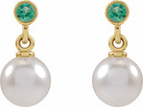 14K Yellow Gold Cultured White Akoya Pearl & Lab-Grown Emerald Earrings