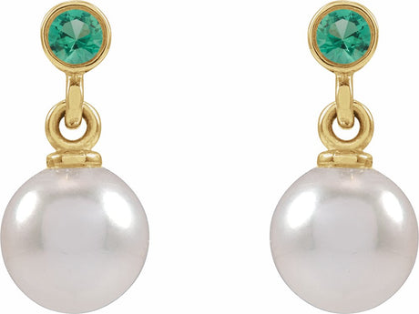 14K Yellow Gold Cultured White Akoya Pearl & Lab-Grown Emerald Earrings