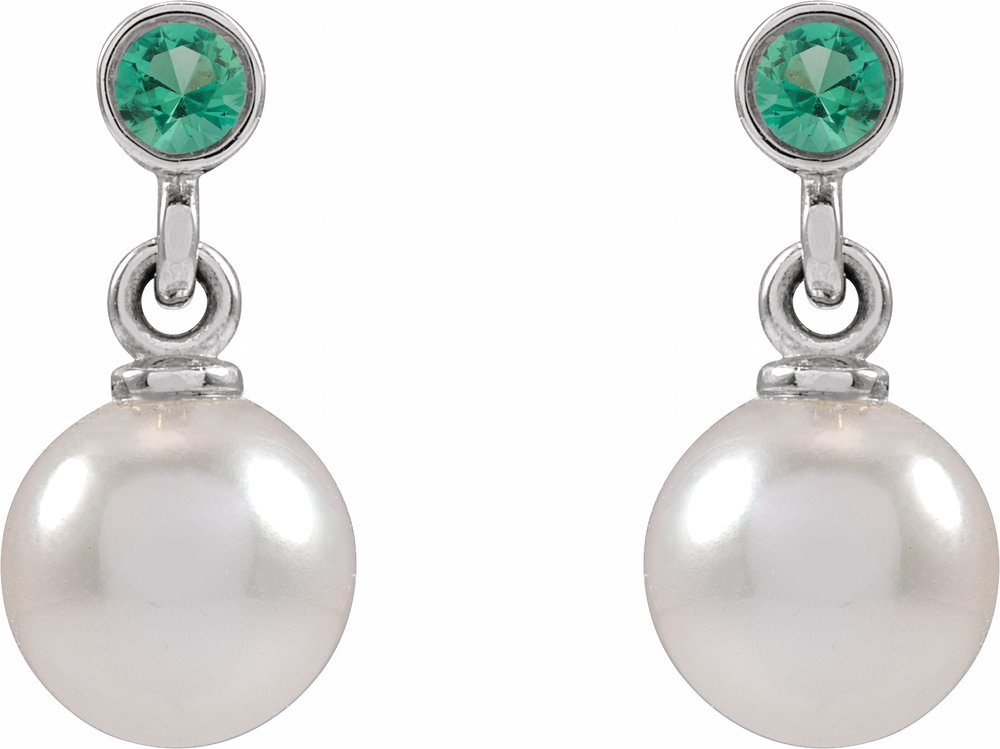14K White Gold Cultured White Akoya Pearl & Lab-Grown Emerald Earrings