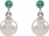 14K White Gold Cultured White Akoya Pearl & Lab-Grown Emerald Earrings