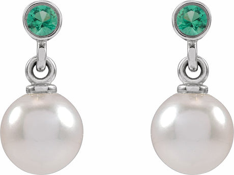 14K White Gold Cultured White Akoya Pearl & Lab-Grown Emerald Earrings