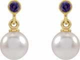 14K Yellow Gold Cultured White Akoya Pearl & Lab-Grown Purple Sapphire Earrings