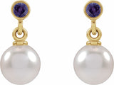 14K Yellow Gold Cultured White Akoya Pearl & Lab-Grown Purple Sapphire Earrings