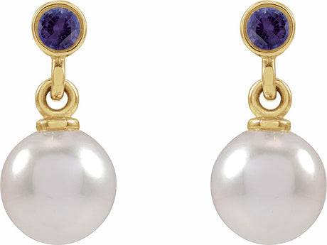14K Yellow Gold Cultured White Akoya Pearl & Lab-Grown Purple Sapphire Earrings