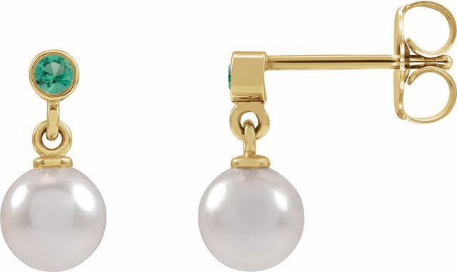 14K Yellow Gold Cultured White Akoya Pearl & Lab-Grown Emerald Earrings