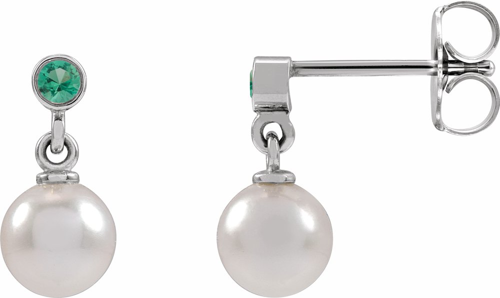 14K White Gold Cultured White Akoya Pearl & Lab-Grown Emerald Earrings