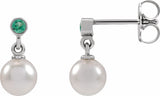 14K White Gold Cultured White Akoya Pearl & Lab-Grown Emerald Earrings