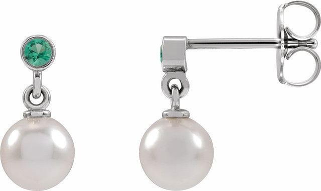 14K White Gold Cultured White Akoya Pearl & Lab-Grown Emerald Earrings