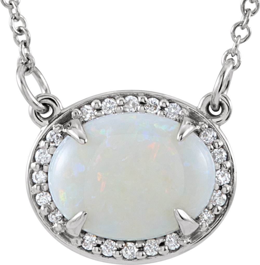 14K White Natural White Opal & .05 CTW Natural Diamond Halo-Style 16 1/2" Necklace