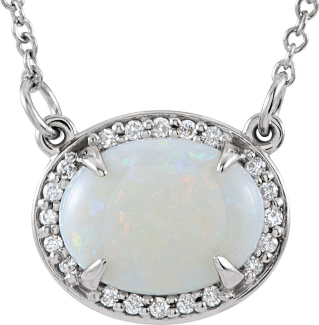 14K White Natural White Opal & .05 CTW Natural Diamond Halo-Style 16 1/2" Necklace