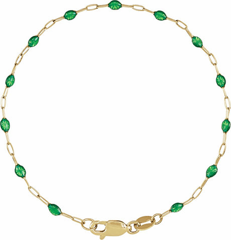 14K Yellow Gold-Filled 1.6 mm Green Enamel Bead Paperclip-Style 7" Chain