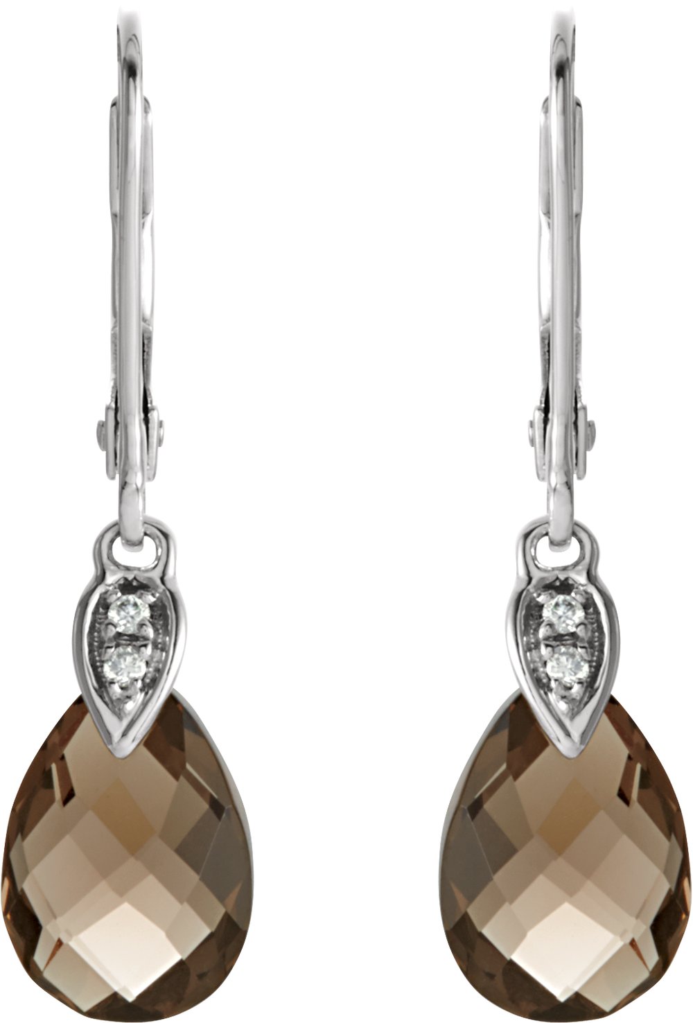 14K White Natural Briolette Smoky Quartz & .025 CTW Natural Diamond Earrings