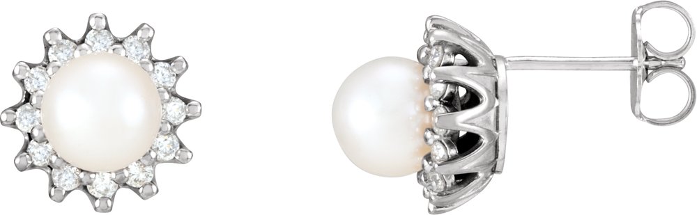 14K White Gold Cultured White Akoya Pearl  & 1/3 CTW Natural Diamond Earrings 