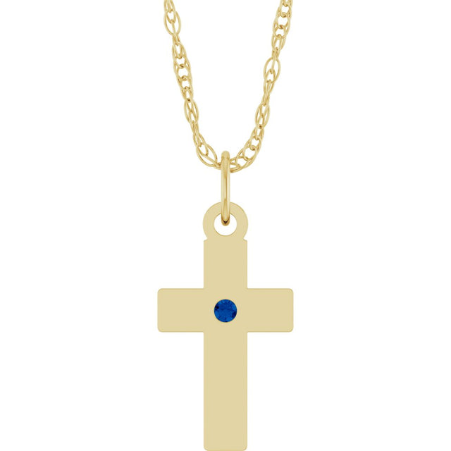 14K Yellow Gold Natural Blue Sapphire Cross 18" Necklace