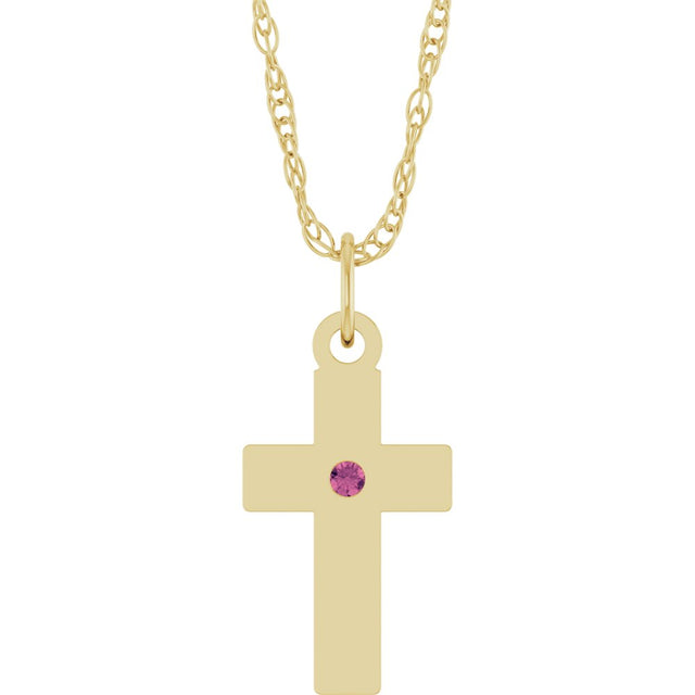 14K Yellow Gold Natural Pink Tourmaline Cross 18" Necklace