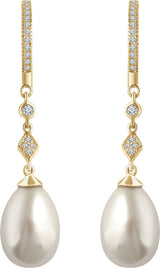 14K Yellow Gold Cultured White Freshwater Pearl & 1/6 CTW Natural Diamond Earrings  