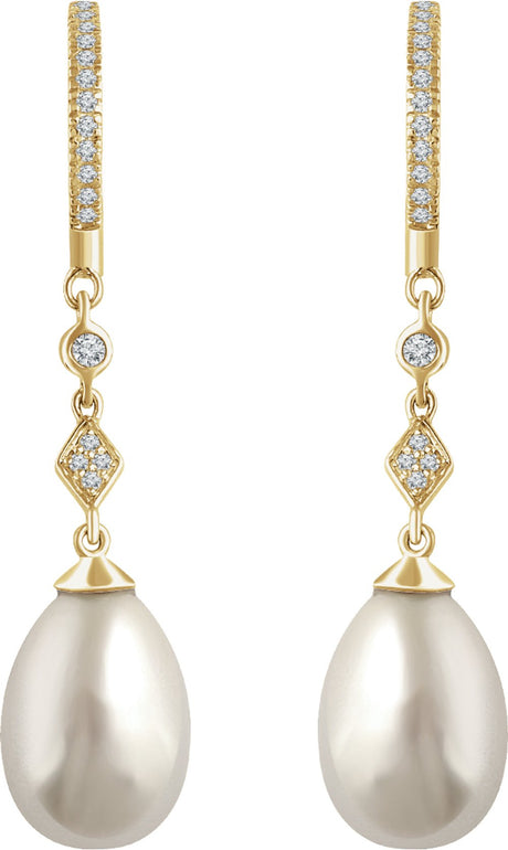 14K Yellow Gold Cultured White Freshwater Pearl & 1/6 CTW Natural Diamond Earrings  