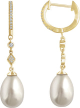 14K Yellow Gold Cultured White Freshwater Pearl & 1/6 CTW Natural Diamond Earrings  