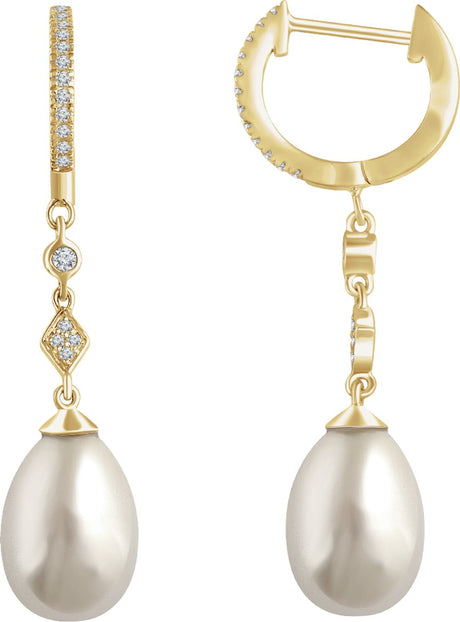 14K Yellow Gold Cultured White Freshwater Pearl & 1/6 CTW Natural Diamond Earrings  