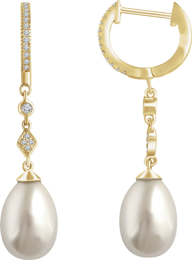 14K Yellow Gold Cultured White Freshwater Pearl & 1/6 CTW Natural Diamond Earrings  