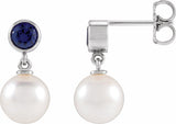 14K White Gold Cultured White Akoya Pearl & Lab-Grown Blue Sapphire Earrings