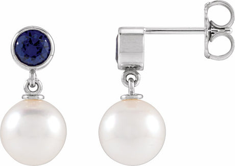 14K White Gold Cultured White Akoya Pearl & Lab-Grown Blue Sapphire Earrings