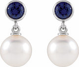14K White Gold Cultured White Akoya Pearl & Lab-Grown Blue Sapphire Earrings