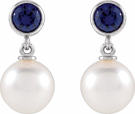 14K White Gold Cultured White Akoya Pearl & Lab-Grown Blue Sapphire Earrings