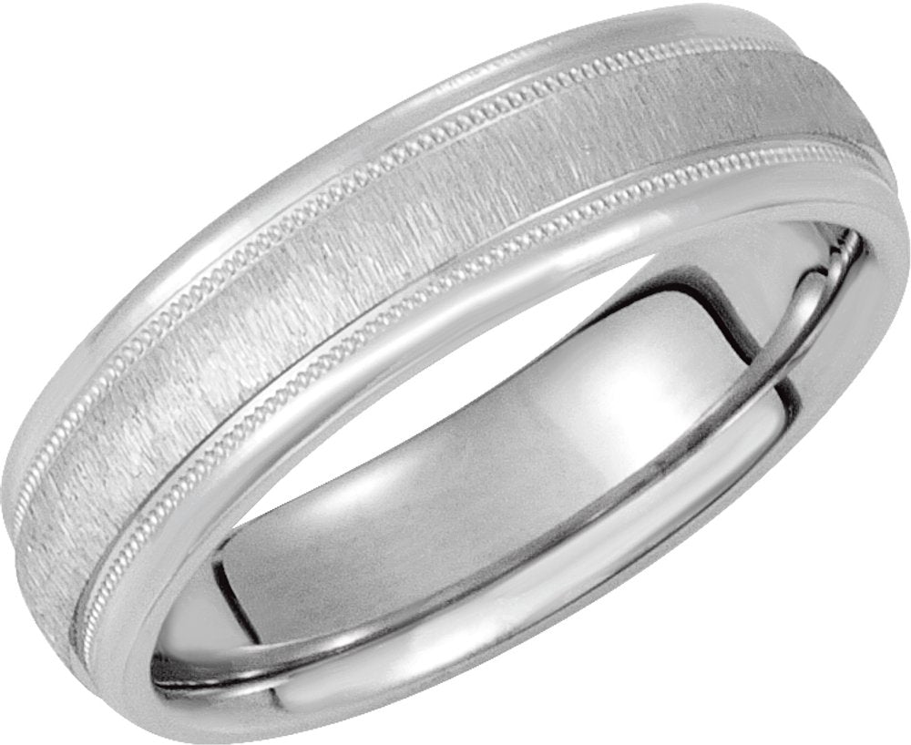 14K White Gold 6 mm Half Round Milgrain Stone Finish Band Size 9