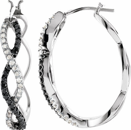 14K White Gold 1/2 CTW Black & White Natural Diamond Hoop Earrings 
