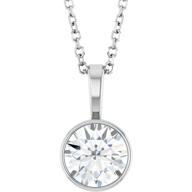 14K White Gold 9/10 CT Lab-Grown Diamond Bezel-Set Solitaire 16-18" Necklace