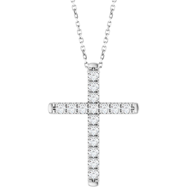 14K White Gold 1/2 CTW Lab-Grown Diamond French-Set Cross 16-18" Necklace