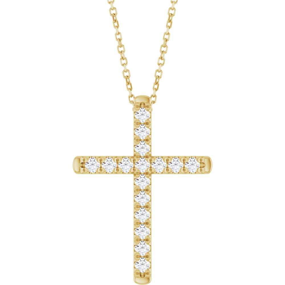 14K Yellow Gold 1/2 CTW Lab-Grown Diamond French-Set Cross 16-18" Necklace