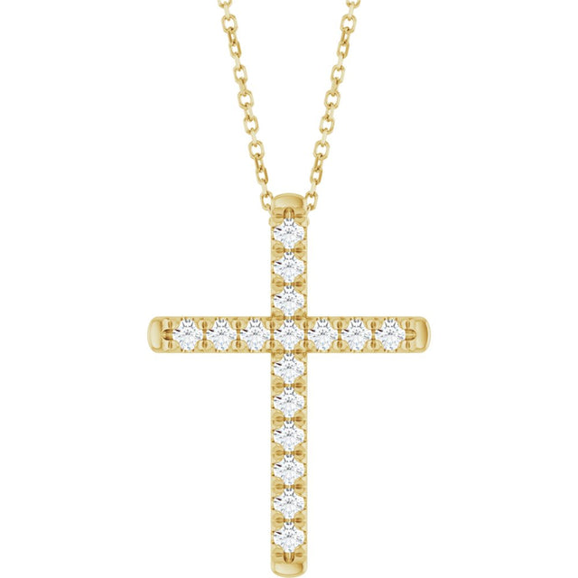 14K Yellow Gold 1/2 CTW Lab-Grown Diamond French-Set Cross 16-18" Necklace