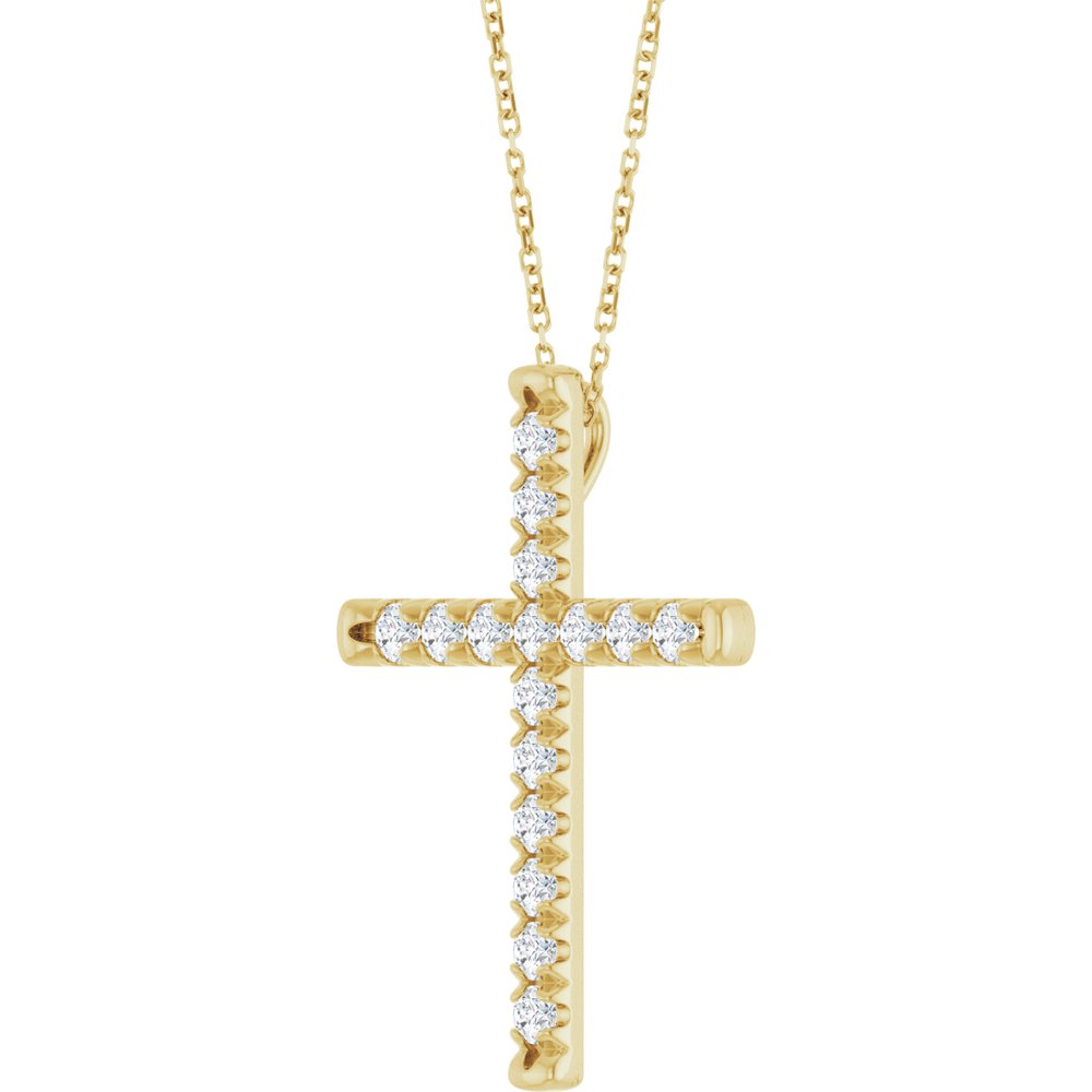 14K Yellow Gold 1 CTW Lab-Grown Diamond French-Set Cross 16-18" Necklace
