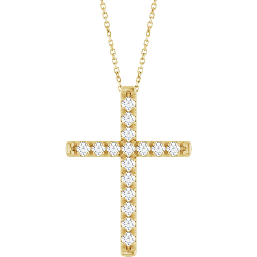 14K Yellow Gold 1 CTW Lab-Grown Diamond French-Set Cross 16-18" Necklace