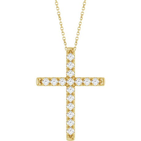 14K Yellow Gold 1 CTW Lab-Grown Diamond French-Set Cross 16-18" Necklace