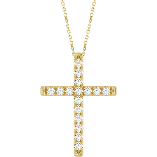 14K Yellow Gold 1 CTW Lab-Grown Diamond French-Set Cross 16-18" Necklace