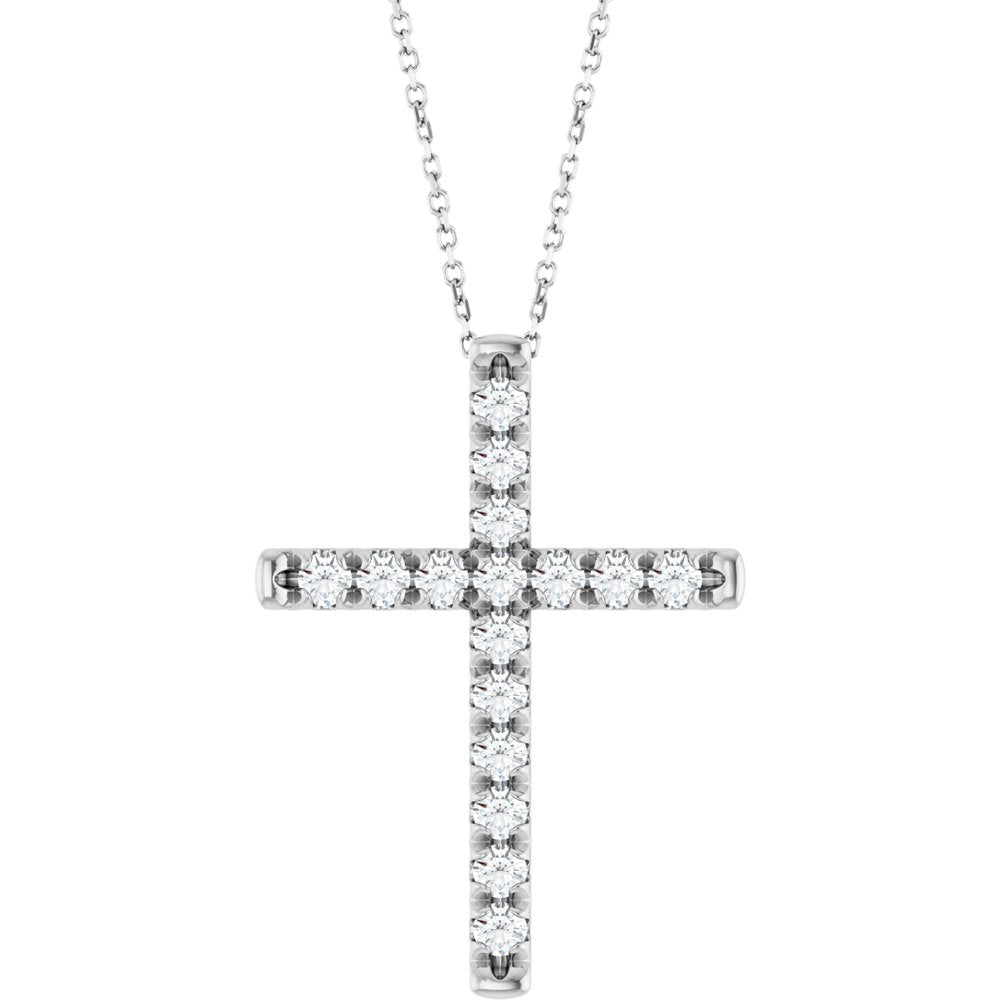 14K White Gold 1 CTW Lab-Grown Diamond French-Set Cross 16-18" Necklace