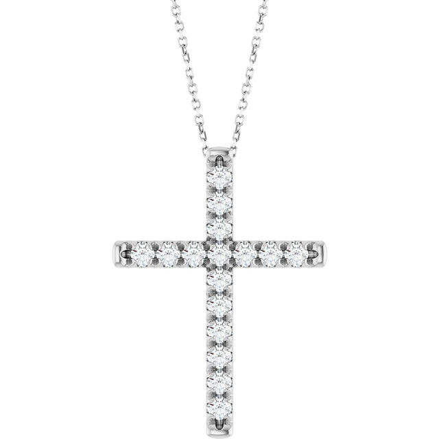 14K White Gold 1 CTW Lab-Grown Diamond French-Set Cross 16-18" Necklace