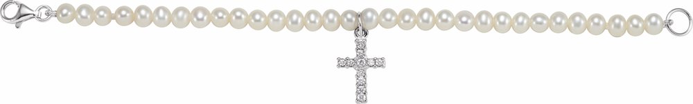 Sterling Silver Cultured White Freshwater Pearl & Imitation White Cubic Zirconia Cross 5 1/2" Bracelet