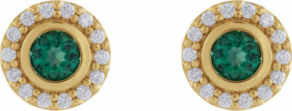 14K Yellow Gold Lab-Grown Emerald & 1/5 CTW Natural Diamond Halo-Style Stud Earrings