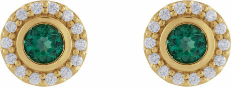 14K Yellow Gold Lab-Grown Emerald & 1/5 CTW Natural Diamond Halo-Style Stud Earrings