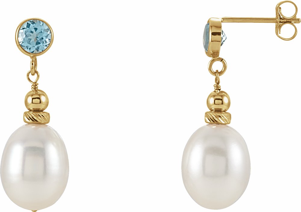 14K Yellow Cultured White Freshwater Pearl & Natural Swiss Blue Topaz Earrings