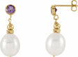 14K Yellow Gold Cultured White Freshwater Pearl & Natural Amethyst Earrings