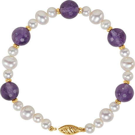 14K Yellow Gold Natural Amethyst & Cultured White Freshwater Pearl 7 1/2" Bracelet 