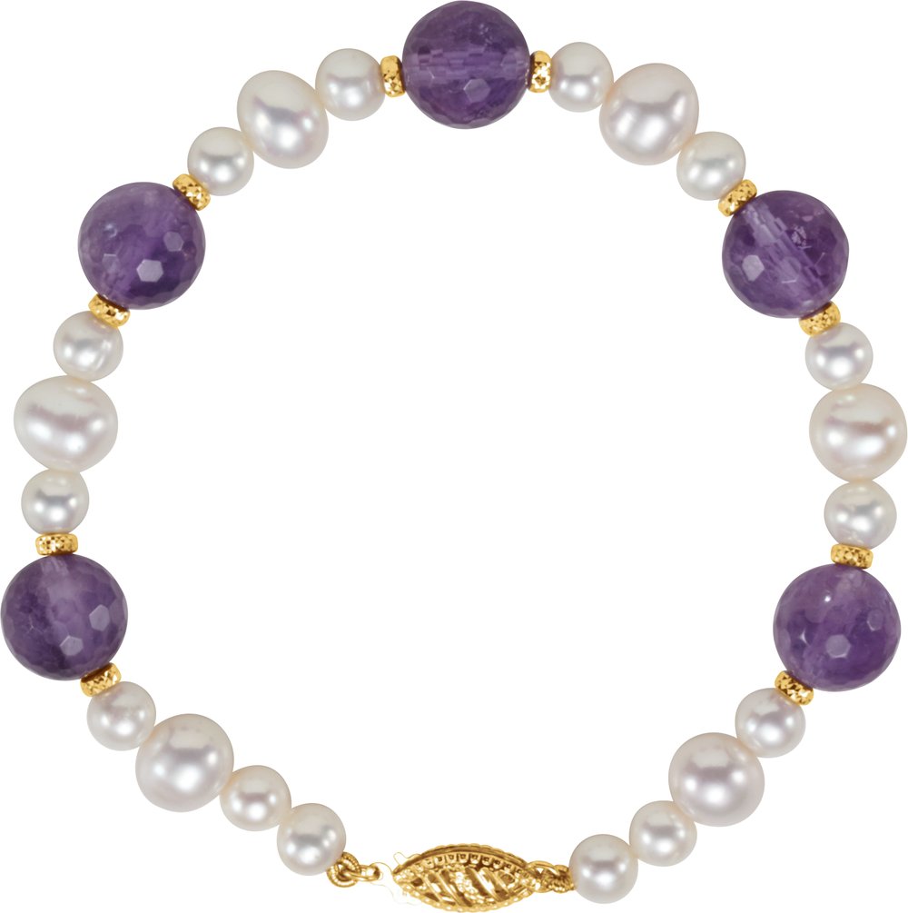 14K Yellow Gold Natural Amethyst & Cultured White Freshwater Pearl 7 1/2" Bracelet 
