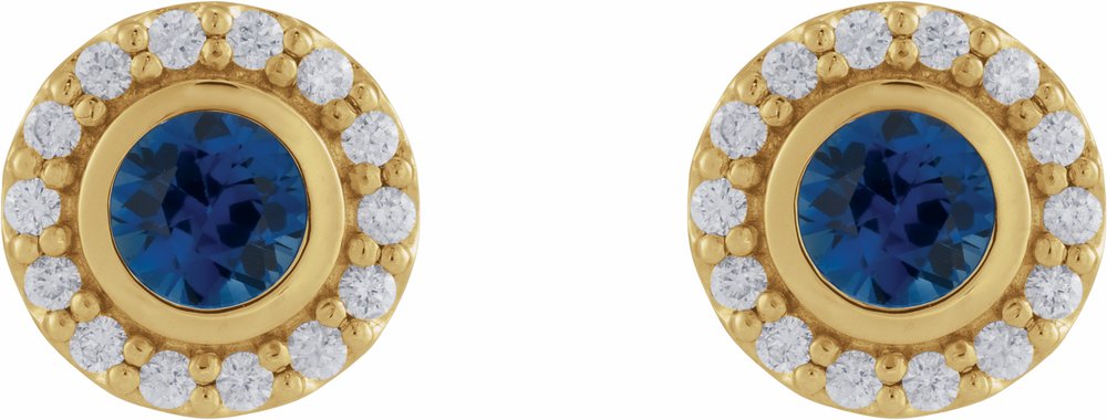 14K Yellow Gold Lab-Grown Blue Sapphire & 1/5 CTW Natural Diamond Halo-Style Stud Earrings