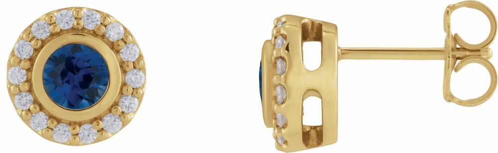14K Yellow Gold Lab-Grown Blue Sapphire & 1/5 CTW Natural Diamond Halo-Style Stud Earrings