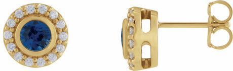 14K Yellow Gold Lab-Grown Blue Sapphire & 1/5 CTW Natural Diamond Halo-Style Stud Earrings